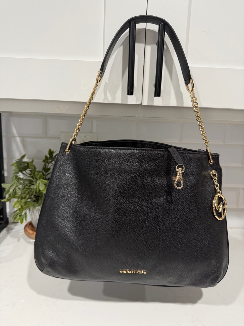 Michael Kors Large Pebble Black Leather Shoulder Tote with Gold Chain Strap